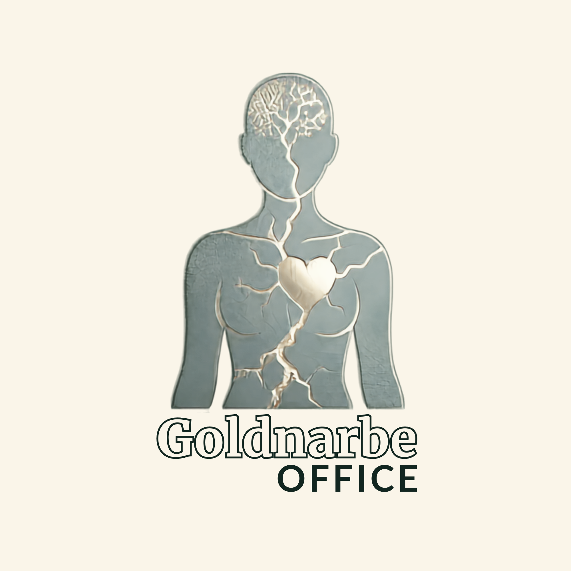 Goldnarbe Office Logo: graugrüne Figur mit goldenen Linien und Herz